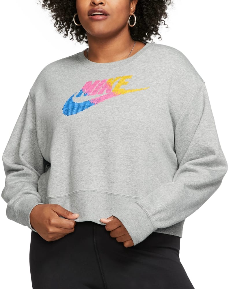 Front of a model wearing a size 2X Nike Women's Plus Size Sportswear Fleece Crewneck Sweatshirt Gray Size 2X in Grey by Nike. | dia_product_style_image_id:313816
